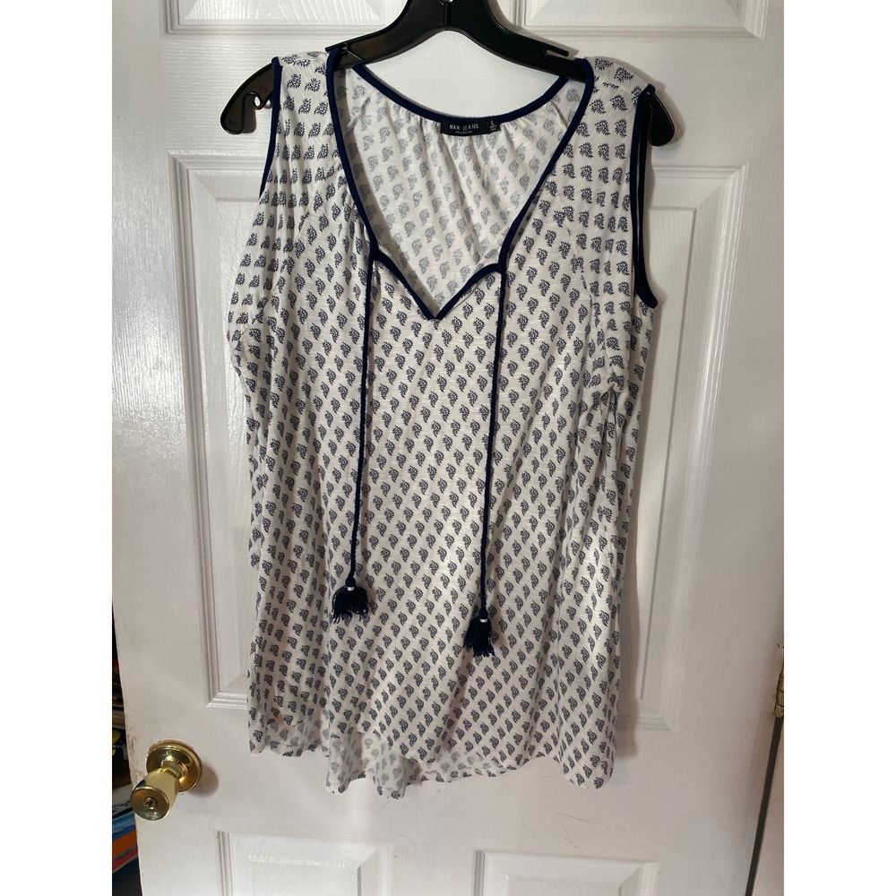 Max Jeans Womens Cold Shoulder Top‎ Navy Blue White Geometric Print Tassel L